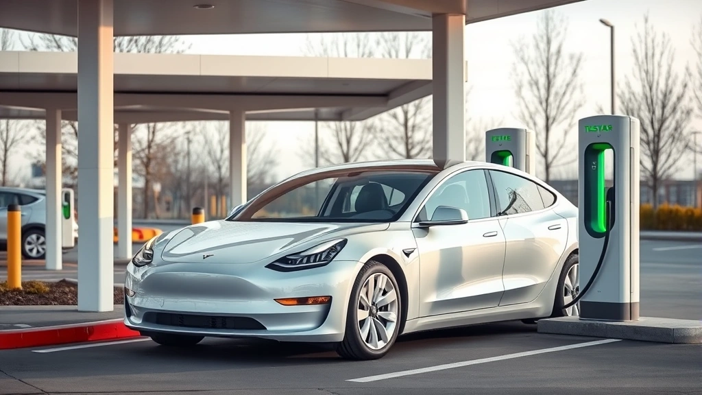Modern Tesla Model 3 electric vehicle charging at public station, highlighting contemporary EV technology and charging infrastructure with clean minimalist composition