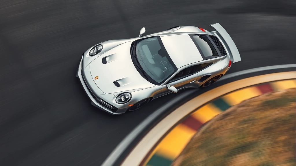 Overhead shot of a silver Porsche 911 Turbo S cornering hard on a race track, showing the vehicle leaned into the turn with blurred background emphasizing speed and precision handling