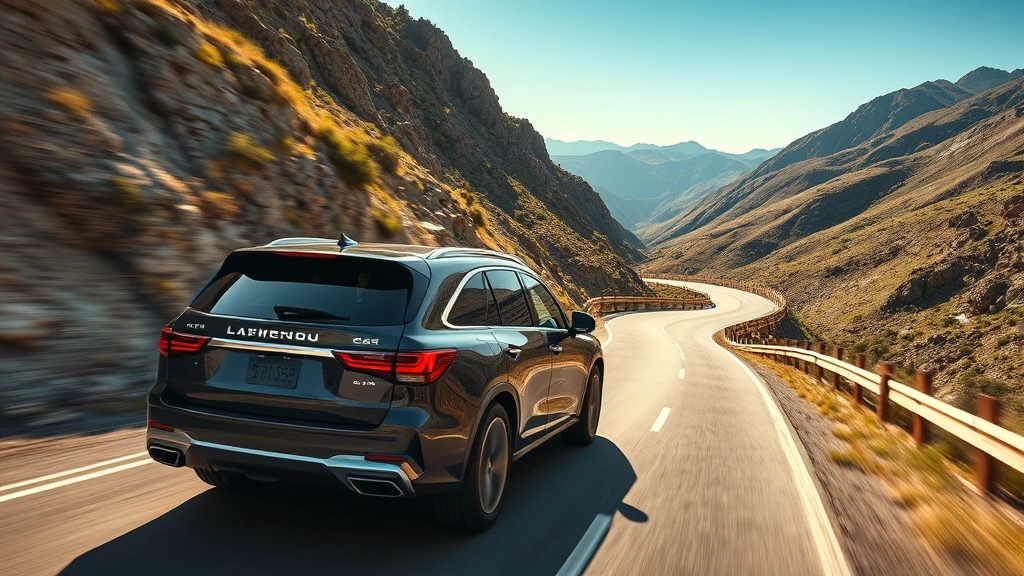 Luxury SUV on winding mountain road with panoramic views, dynamic driving position, cinematic photography, bright daylight conditions