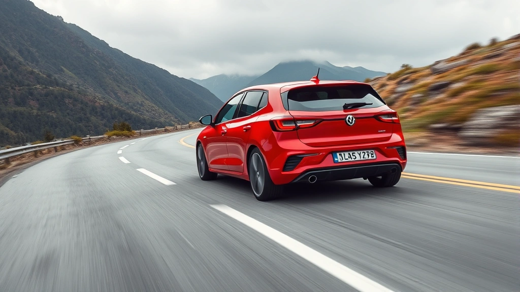Red performance hatchback on mountain road in motion, dynamic driving scene, winding curves, overcast sky, enthusiast car perspective