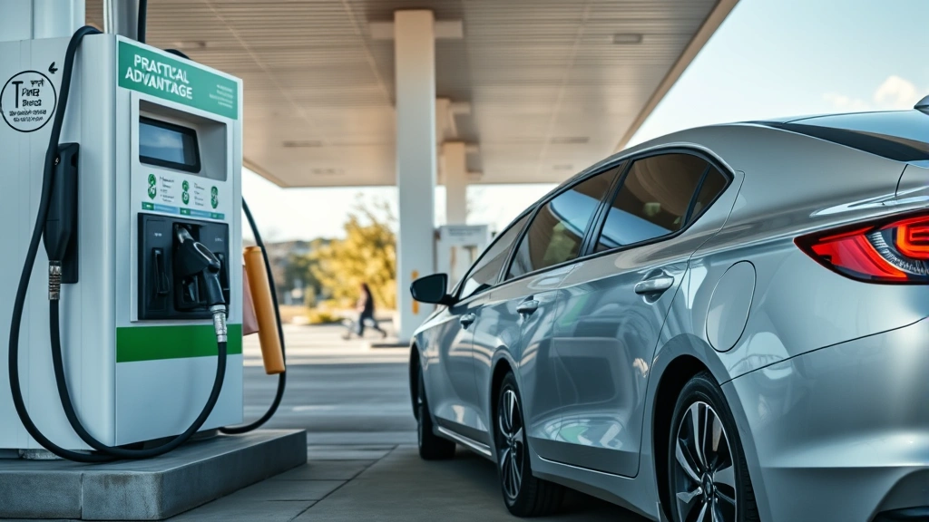 Hybrid car at traditional gas station pump showing practical refueling advantage, modern sedan, daytime photography, realistic scene demonstrating convenience of hybrid ownership