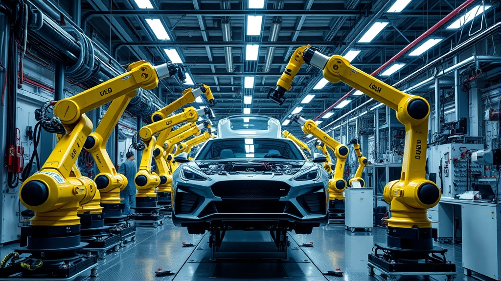 Advanced automotive manufacturing facility with robotic assembly arms and precision machinery, industrial modern aesthetic, professional lighting setup