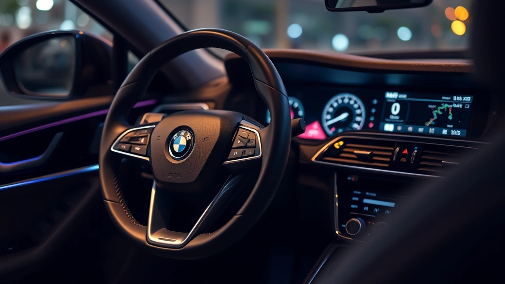 Close-up detail of modern sedan interior showing leather steering wheel, digital dashboard display, and ambient lighting creating premium atmosphere