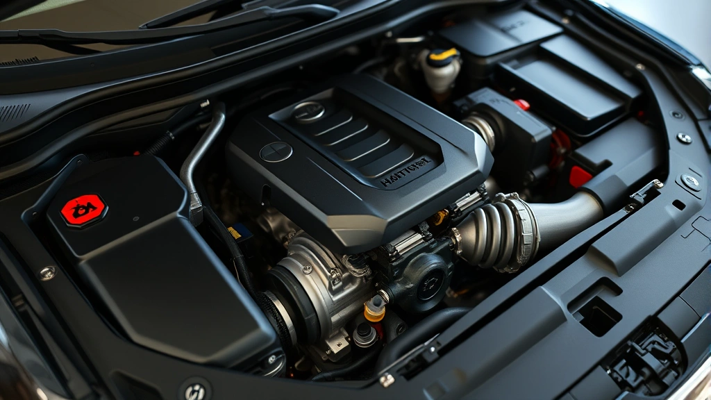 Close-up detail of hybrid sedan engine compartment showing turbocharged engine components, clean engineering layout, and modern motor technology