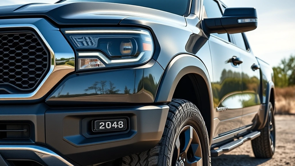 Rugged 2024 pickup truck exterior showcasing LED headlights, muscular body lines, chrome accents, and aggressive stance in natural daylight
