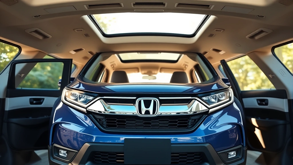 Honda CR-V Hybrid SUV in metallic blue, three-quarter front view displaying spacious interior with open cargo area visible, family-oriented setting with natural daylight through panoramic sunroof