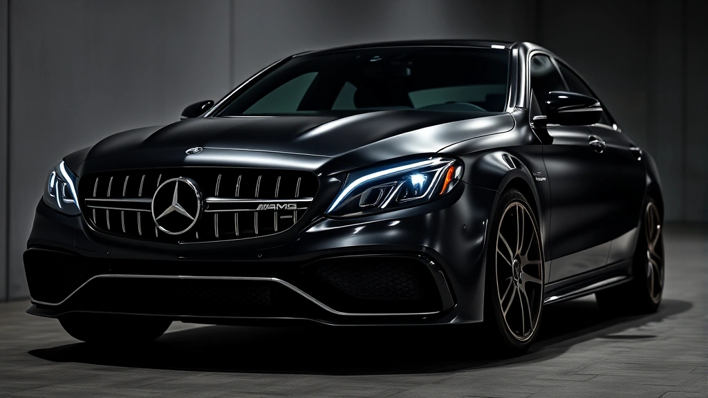 Mercedes-AMG C63 high-performance luxury sedan in elegant black, front three-quarter view highlighting distinctive AMG grille and premium design details, sophisticated lighting