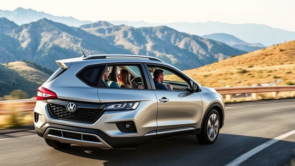 Compact crossover driving on mountain road with family inside, scenic landscape background, clear weather, showing vehicle's confident handling and comfortable passenger positioning