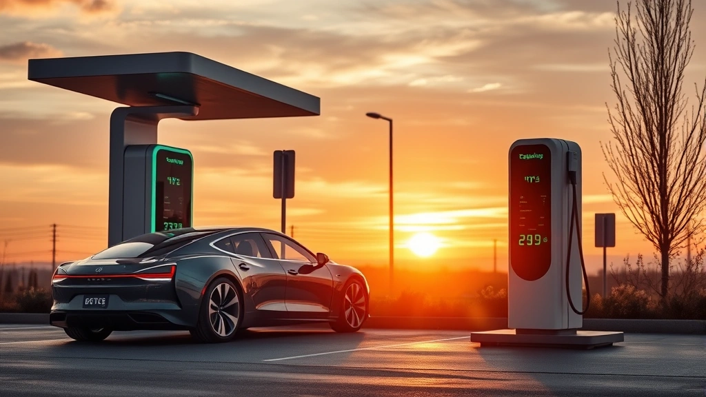 Modern electric vehicle charging station with sleek sedan parked nearby at sunset, highlighting future automotive technology and infrastructure