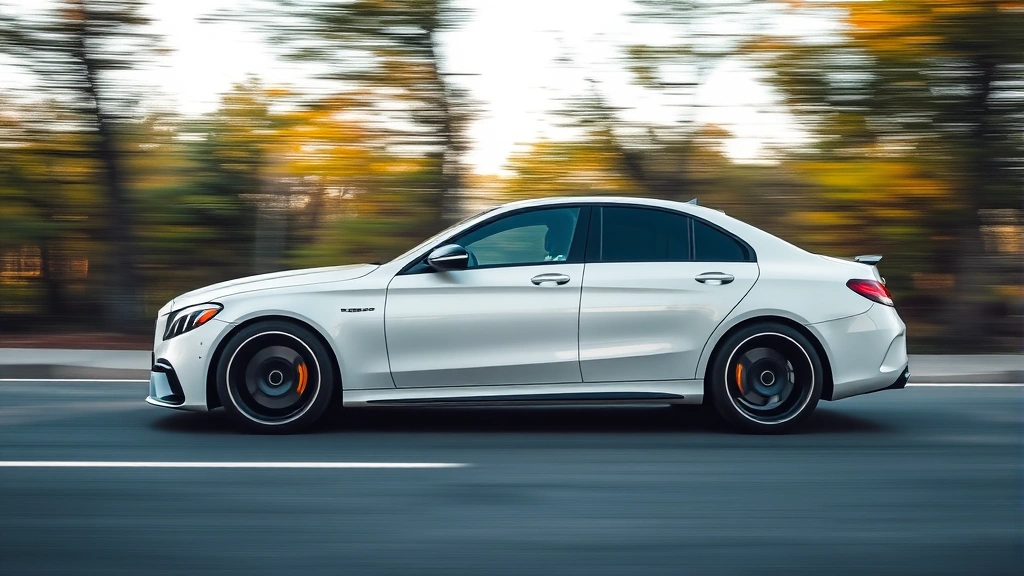 2024 Mercedes-AMG C63 white sedan side profile dynamic driving shot motion blur background trees