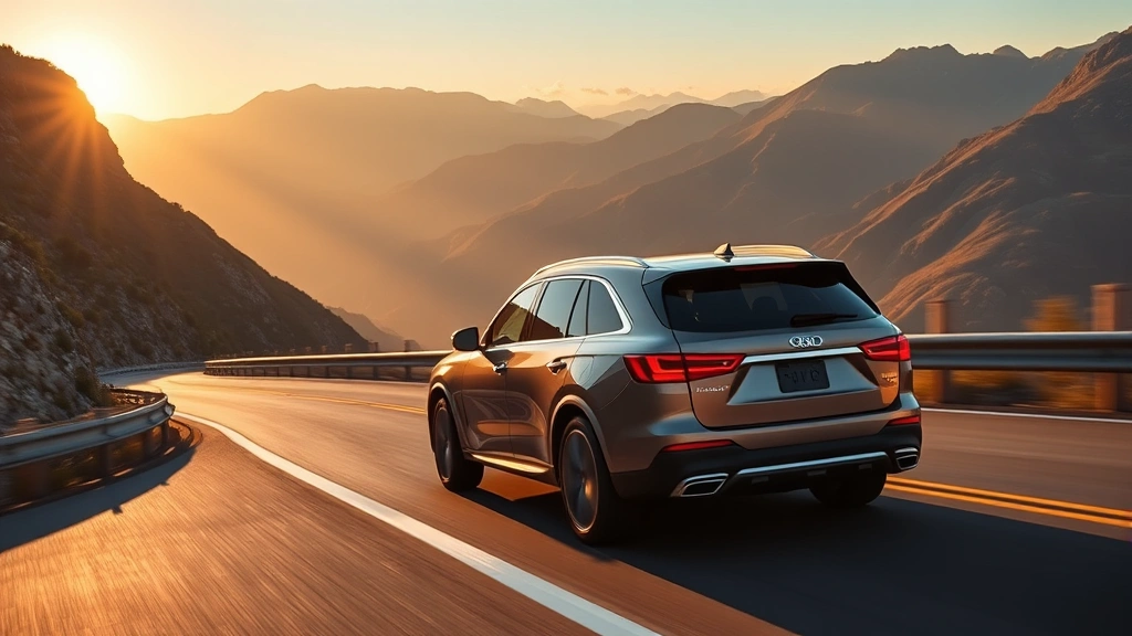 Luxury three-row family SUV driving on scenic mountain highway, demonstrating capability and refinement with panoramic views, captured during golden hour lighting