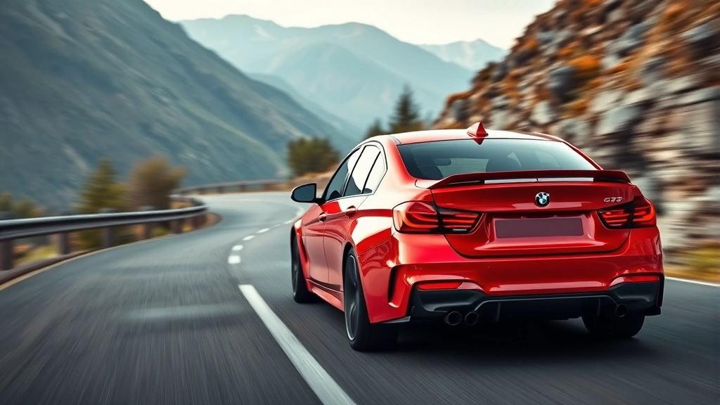 Performance sedan on winding mountain road, dynamic action shot showing handling capability, blurred background emphasizing road hugging stance