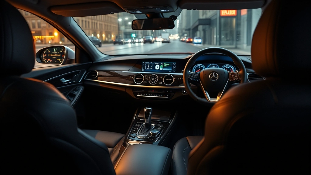Luxury sedan interior dashboard with digital displays, leather seats, ambient lighting, premium materials, close-up detailed view