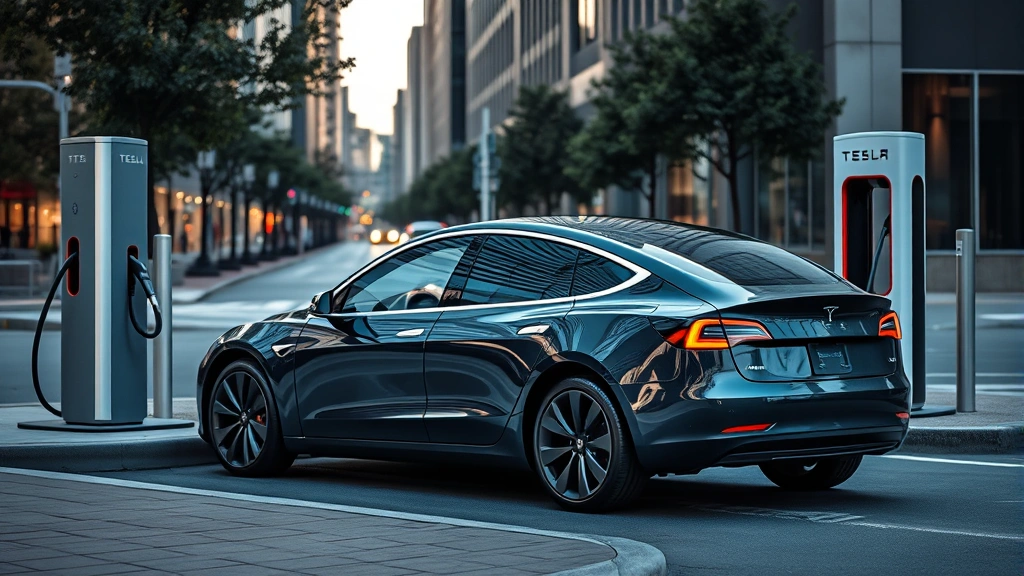 Tesla Model 3 electric sedan charging at public charging station, sleek design, modern urban setting, professional automotive photography