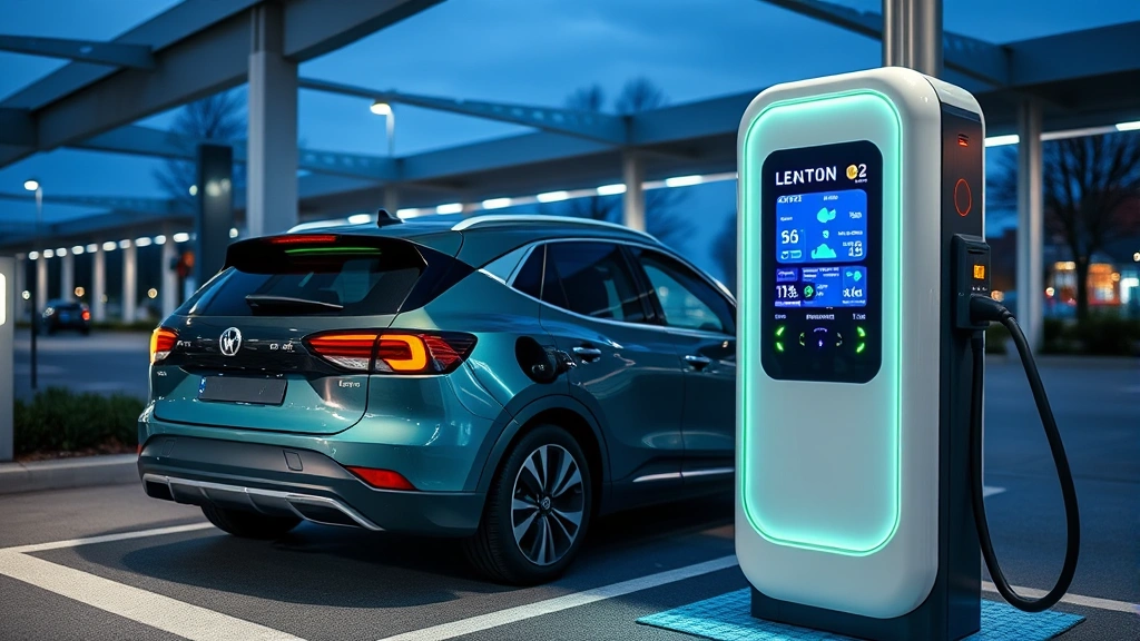 Advanced electric vehicle charging at modern infrastructure station with digital display showing charging status and efficiency metrics