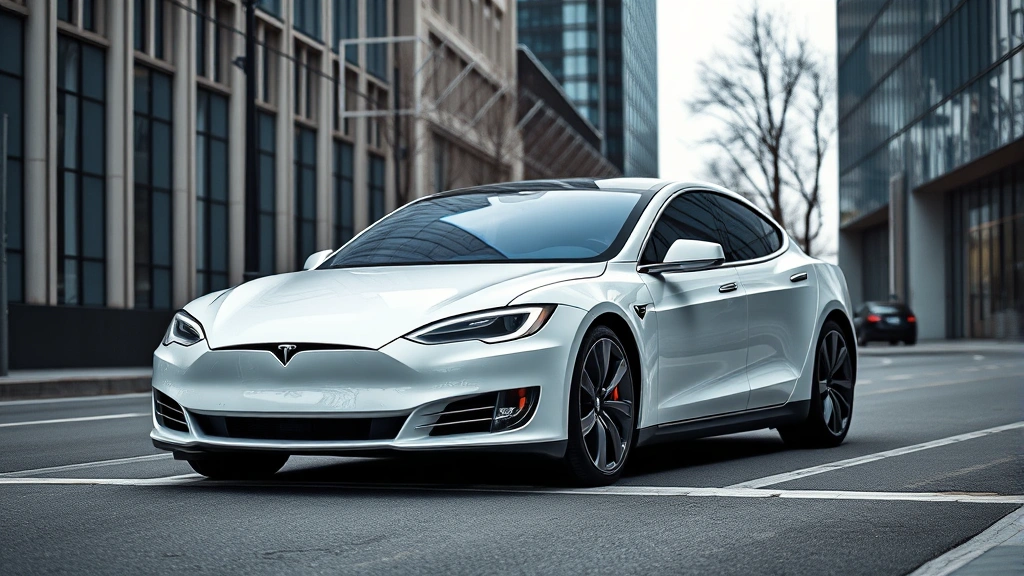Tesla Model S Plaid in pearl white multi-coat, captured from front-quarter view on urban street with modern architecture, emphasizing futuristic design language and minimalist styling