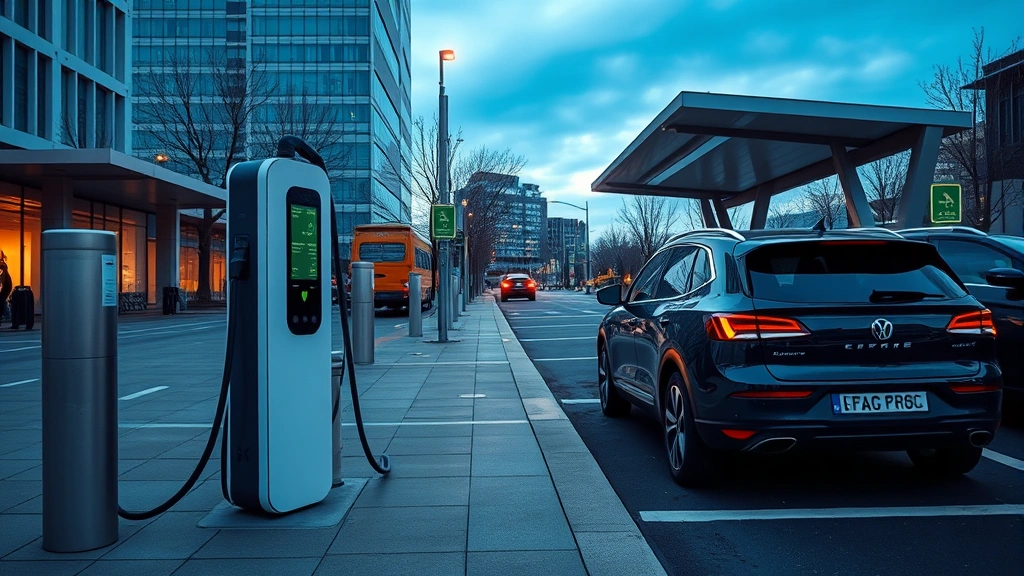 Electric vehicle charging at modern public station, sleek design, urban setting, clean energy infrastructure, contemporary photography style
