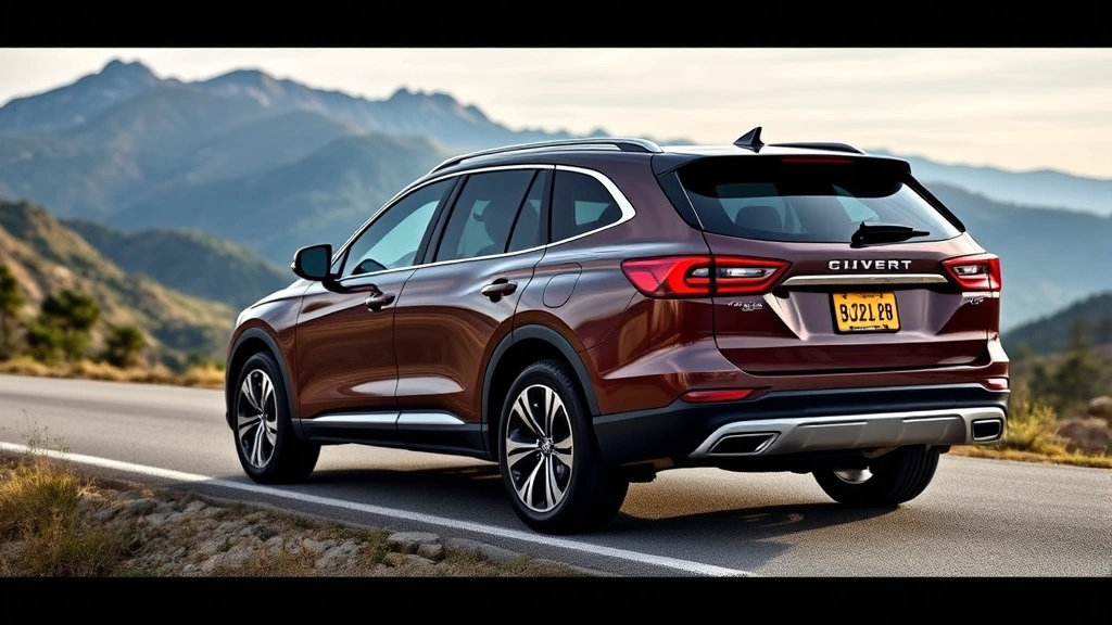 Three-row family SUV photographed from three-quarter angle on mountain road, natural landscape background, demonstrating capability and versatility