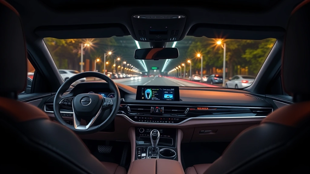 Modern sedan interior dashboard view showing advanced technology interface, steering wheel detail, and premium material finishes under ambient cabin lighting