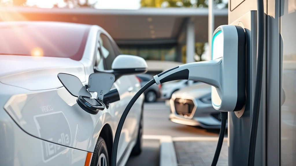 Modern electric vehicle charging at a public charging station during daytime, showing the charging connector and modern infrastructure with other vehicles in the background