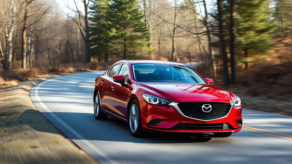 Mazda6 sedan driving on winding road with trees, red metallic finish, dynamic action shot demonstrating handling and performance capability