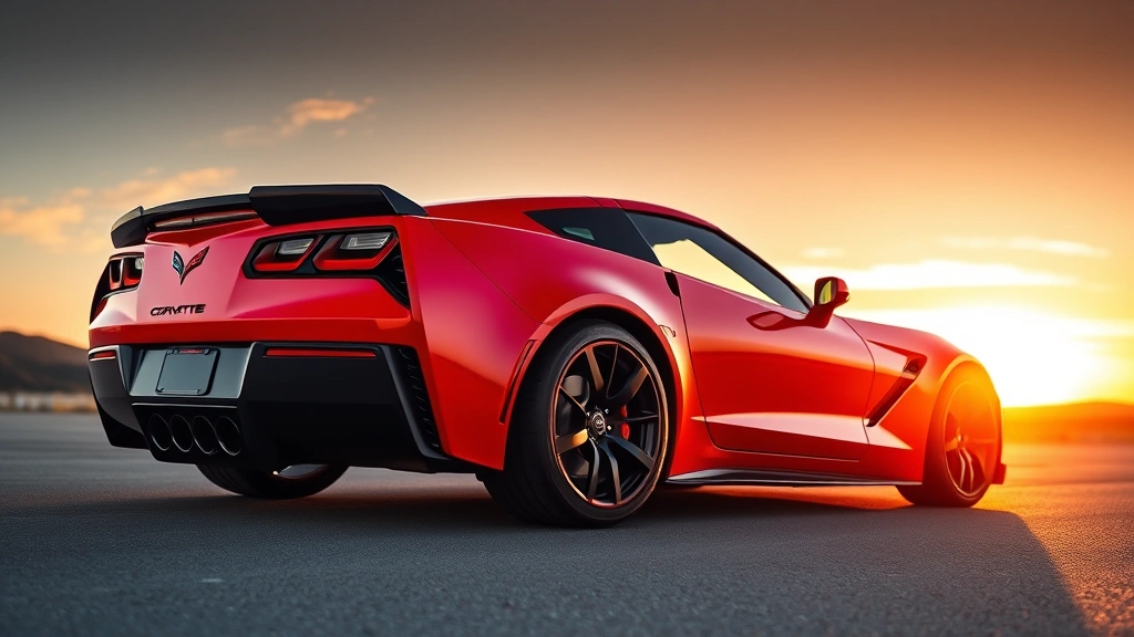 Chevrolet Corvette Z06 in bright red, mid-engine sports car captured from side profile showcasing aggressive aerodynamics and carbon fiber elements, dramatic sunset lighting