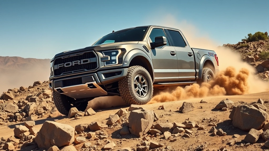 Ford F-150 Raptor off-road truck navigating rocky terrain with dust cloud, extreme capability demonstration, rugged landscape