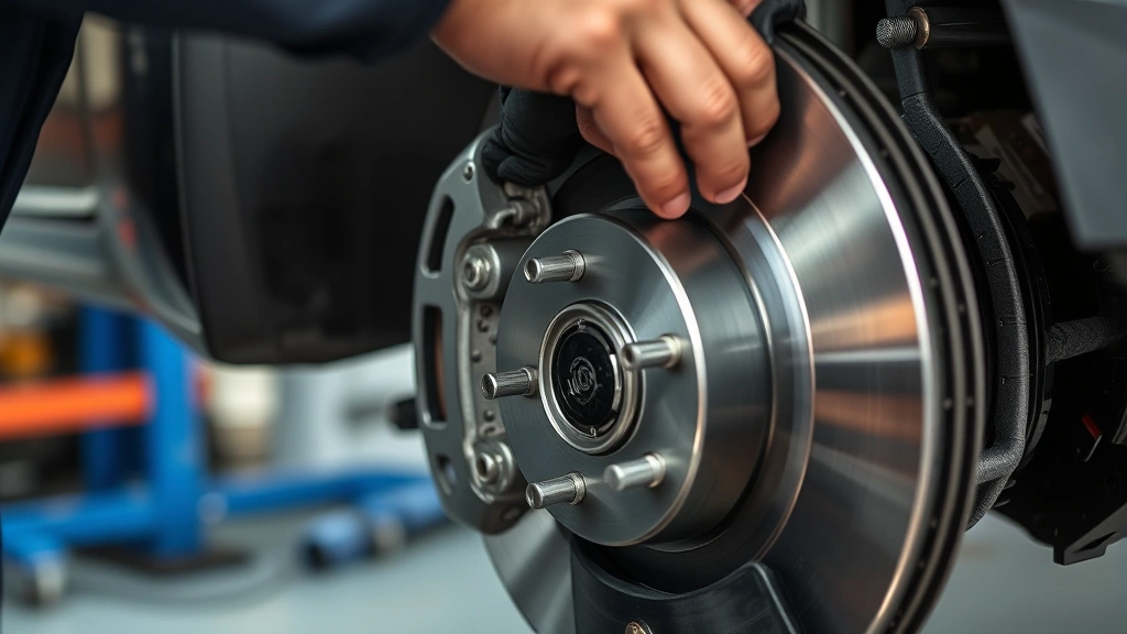 Mechanic replacing brake pads on vehicle wheel, brake caliper and rotor visible, professional shop environment, detailed view of brake system components during service