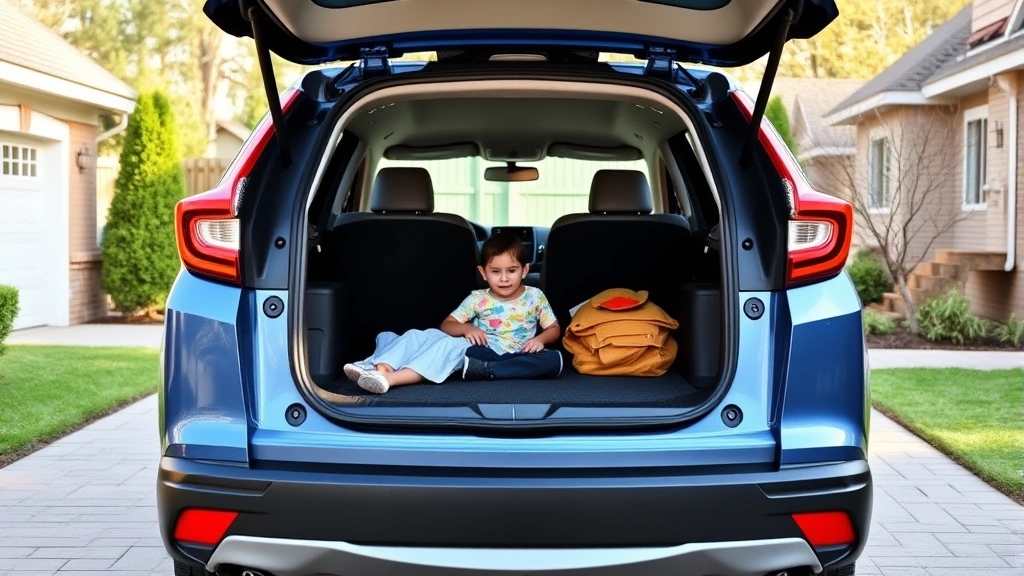 Honda CR-V in arctic blue pearl with rear cargo door open displaying spacious interior, suburban driveway setting, family-friendly composition, daylight photography