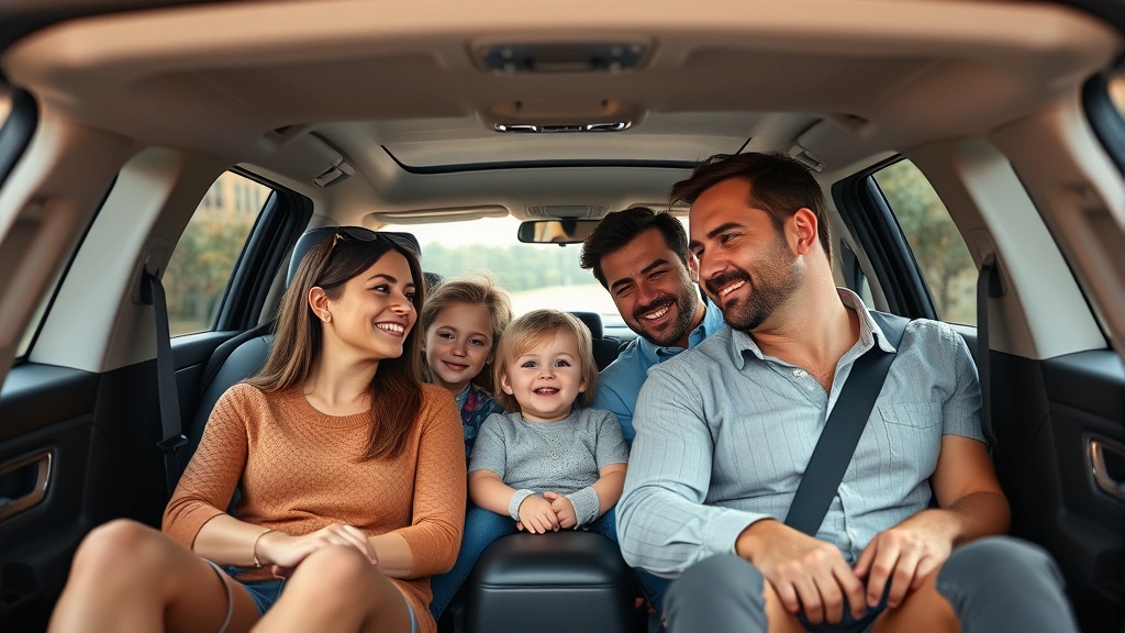 Family enjoying spacious three-row SUV interior, comfortable seating arrangement, modern cabin technology visible, warm inviting atmosphere, professional automotive photography style