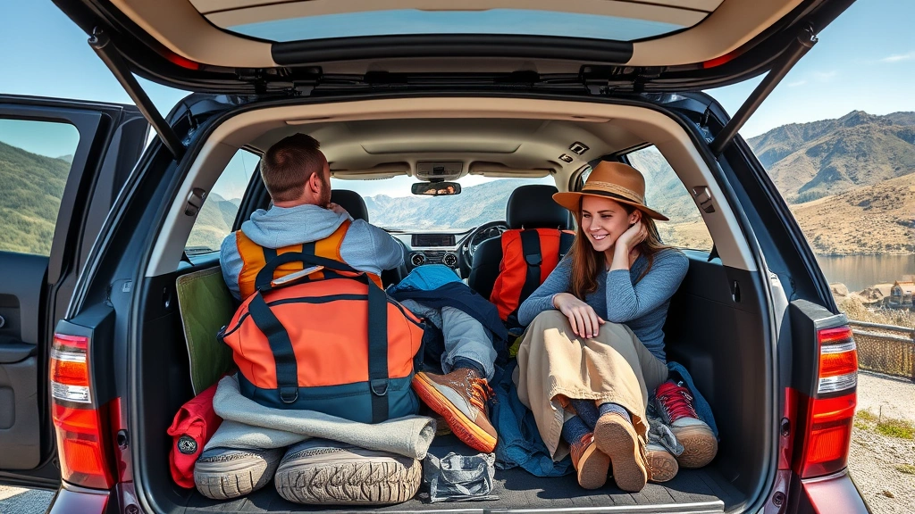 Family SUV loaded with cargo and outdoor equipment, three-row seating visible, active lifestyle context with natural scenery