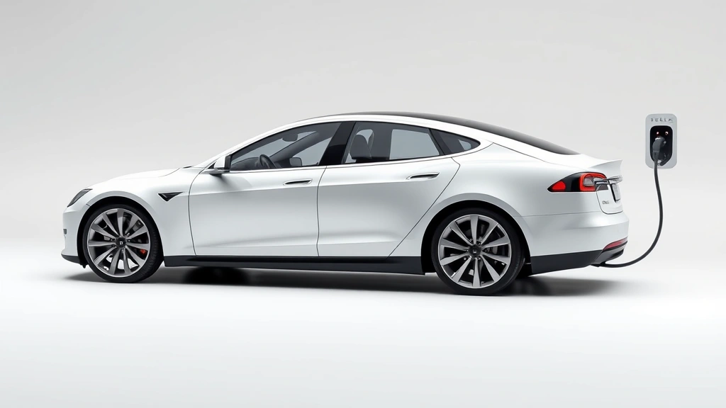 Tesla Model S Plaid electric sedan in pearl white, sleek futuristic design, charging port detail, modern minimalist background, cutting-edge EV technology showcase