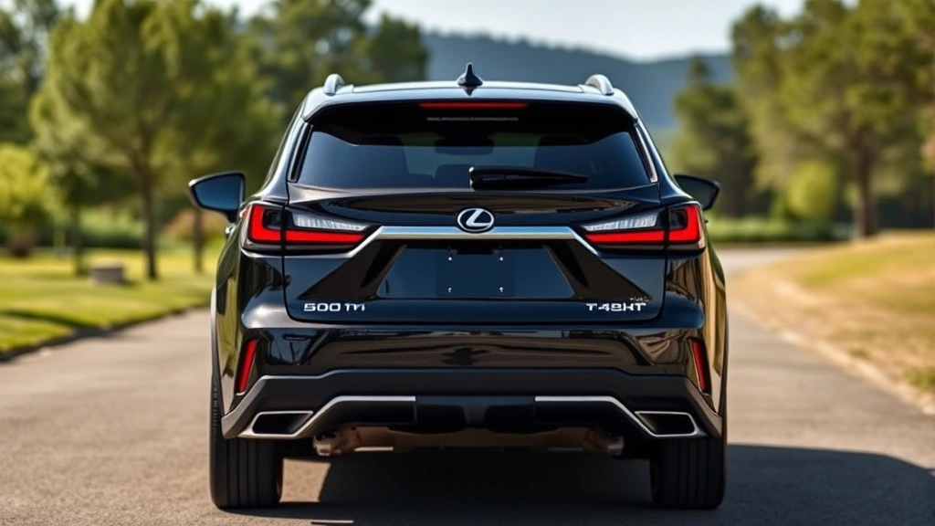 2024 Lexus RX 500h F Sport in obsidian black, luxury crossover rear three-quarter view, premium design language, panoramic sunroof visible, sophisticated automotive imagery