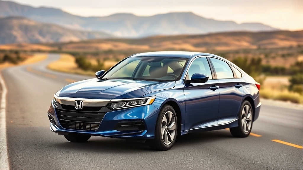 Honda Accord midsize sedan in metallic blue, shown on open road with natural landscape background, representing reliability and practical family transportation