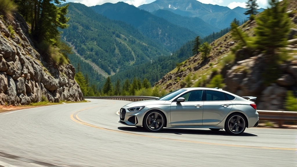 Dynamic action photograph of a high-performance sport sedan navigating a winding mountain road, capturing athletic stance, sophisticated wheel design, and confident handling characteristics in daylight conditions