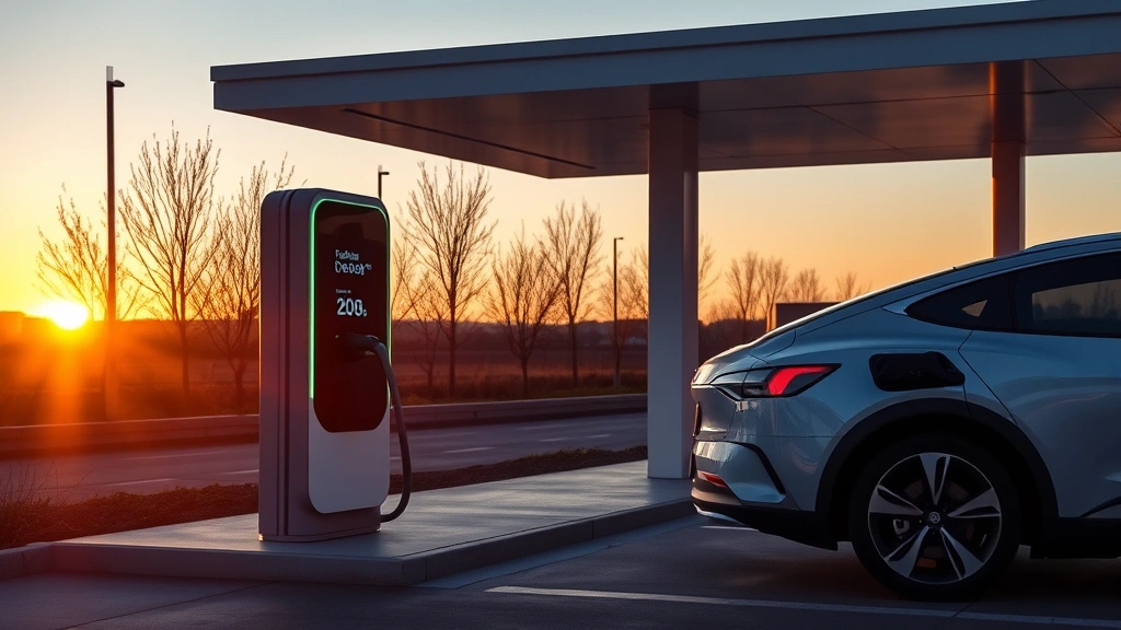 Electric SUV charging at modern DC fast-charging station at sunset, futuristic charging connector, minimalist charging infrastructure, contemporary automotive technology