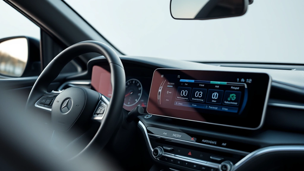 Close-up of advanced dashboard touchscreen display with digital interface controls, modern automotive interior design, minimalist cabin layout, premium materials