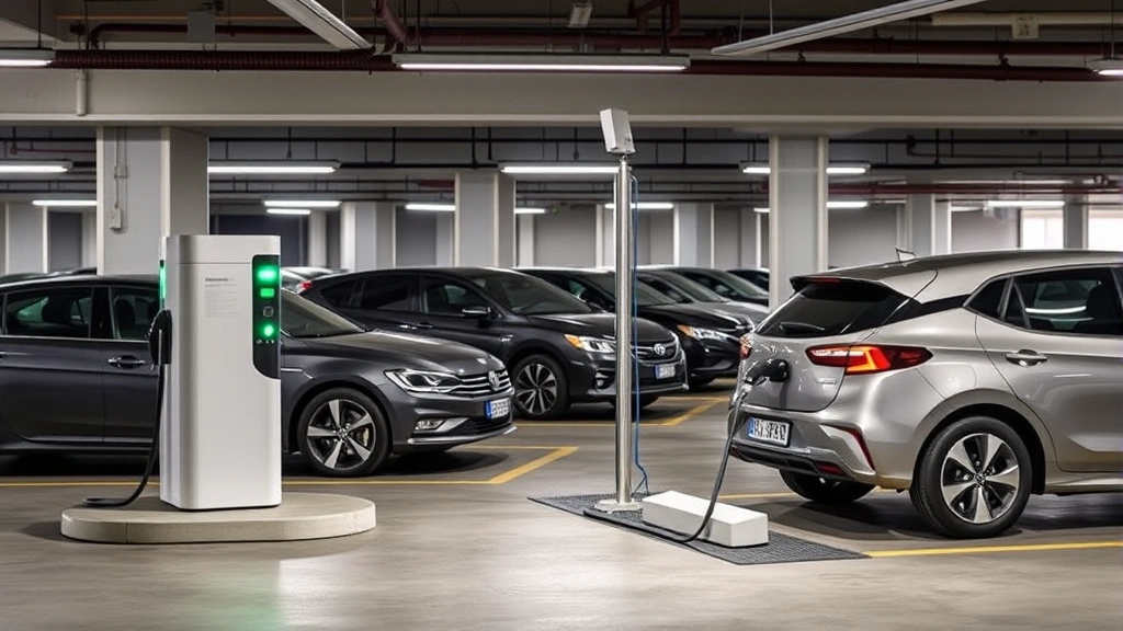 Hybrid vehicle charging station in modern parking garage with multiple vehicles, showcasing convenient charging infrastructure and sustainable transportation