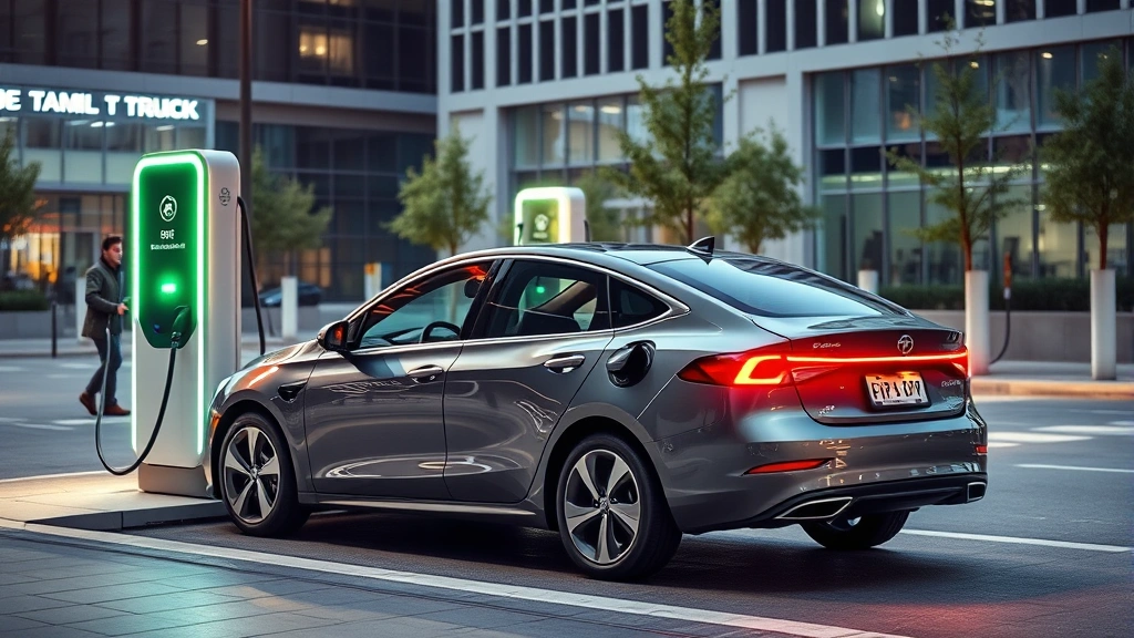 Electric sedan charging at modern public charging station, contemporary urban setting, clean minimalist design, LED lighting, environmental focus, premium appearance