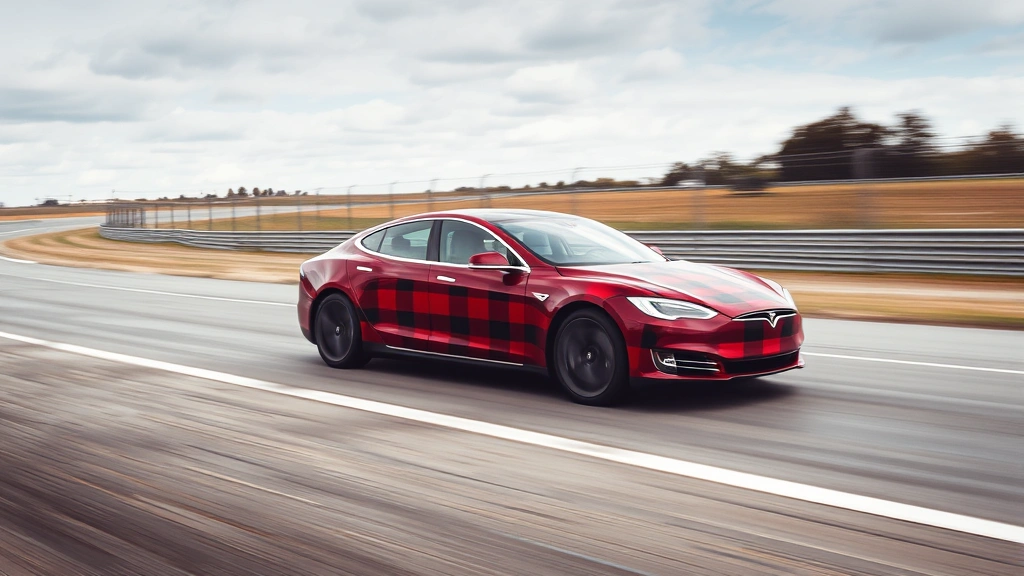 Tesla Model S Plaid electric sedan acceleration on empty track with motion blur, side profile view, dynamic driving scene, professional automotive photography