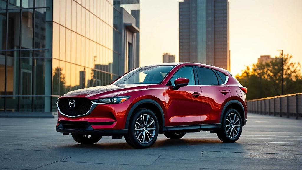 2024 Mazda CX-5 red crossover parked in modern urban setting with glass buildings, sunset lighting, premium automotive styling showcase