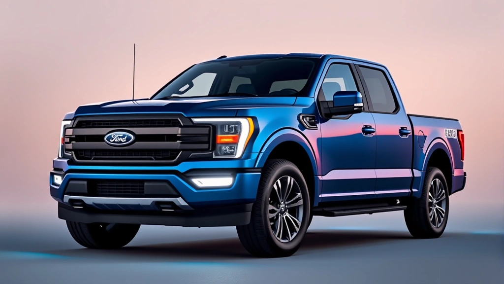 Ford F-150 Lightning electric pickup truck front angle muscular stance innovative design blue metallic finish charging port visible