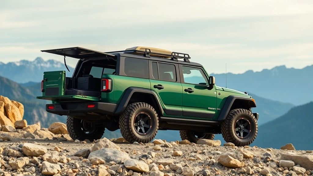 Rivian R1T electric adventure truck in forest green, positioned on rocky terrain with mountains in background, showcasing innovative Gear Tunnel storage feature and rugged capability, outdoor adventure aesthetic