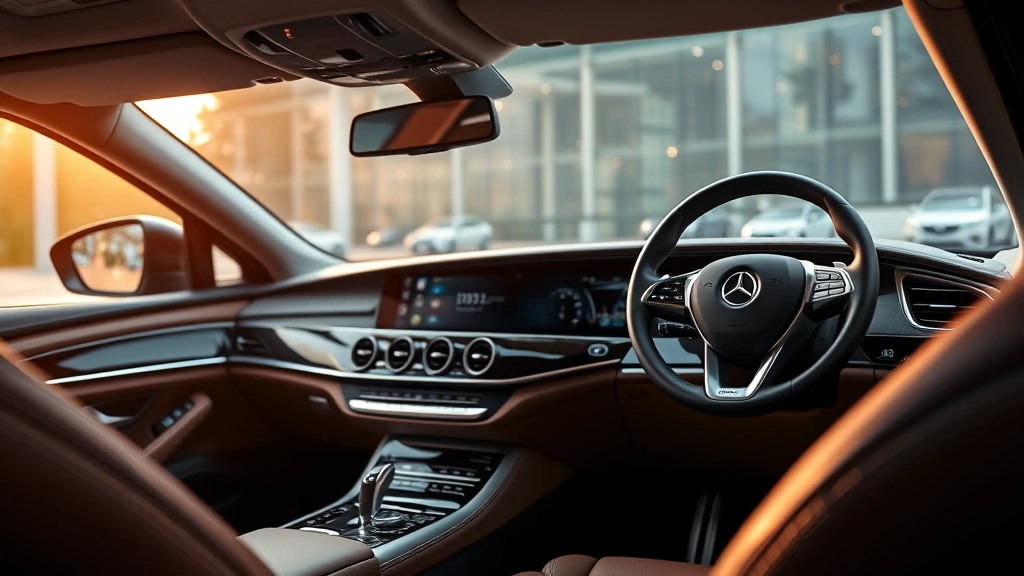 Luxury vehicle dashboard with premium materials, leather interior, modern infotainment system display, elegant steering wheel, soft interior lighting