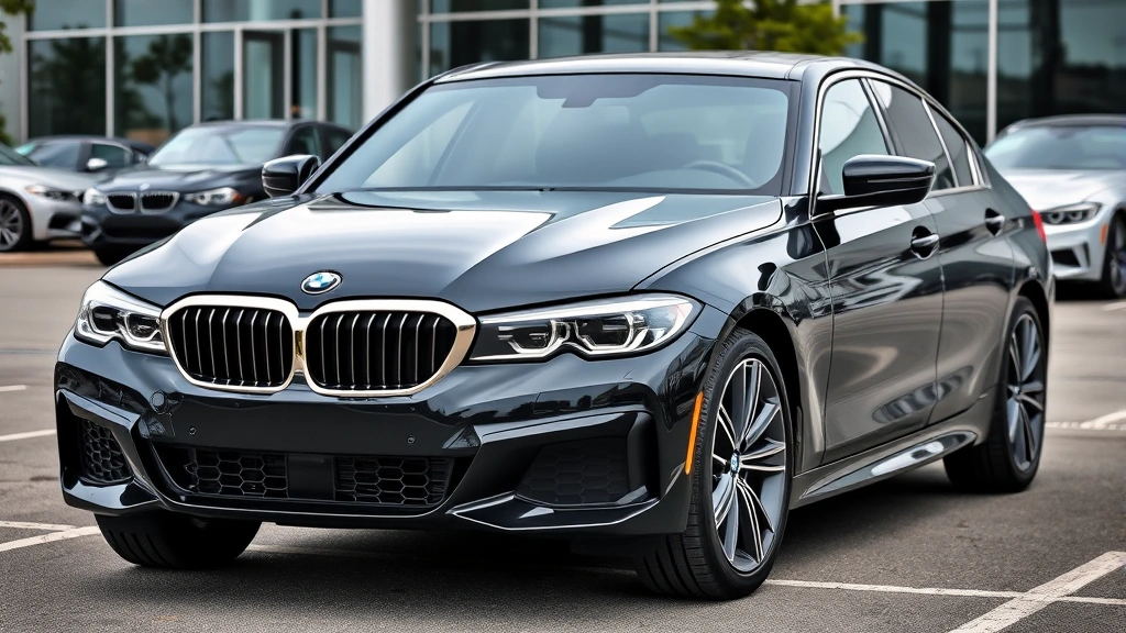 BMW 3 Series luxury sedan black metallic finish parked, aggressive front grille design, modern headlights, professional dealership lot setting, premium automotive styling