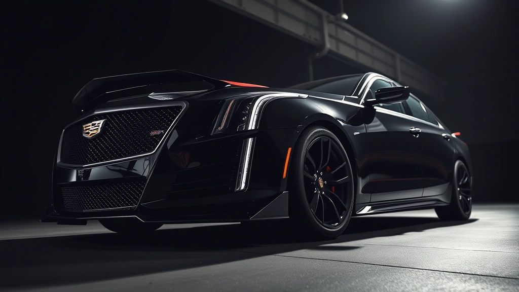 Cadillac CT5-V Blackwing supercharged performance sedan in glossy black with aggressive stance, low-angle photography emphasizing muscular proportions and aerodynamic elements