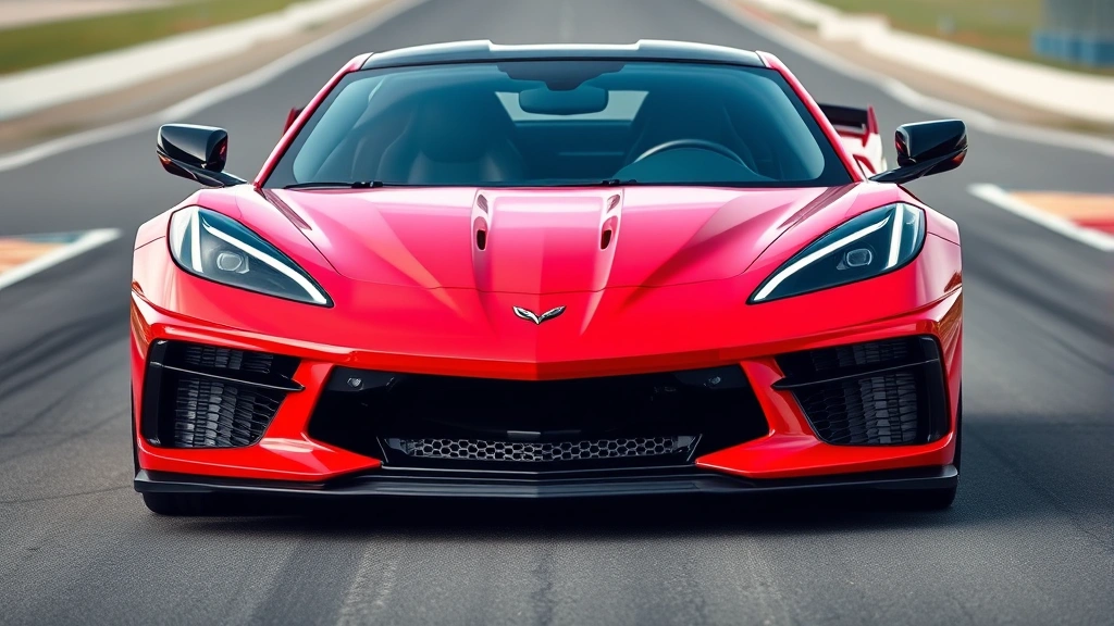 2024 Chevrolet Corvette Z06 bright red sports car, aggressive front fascia, functional aerodynamic vents, low stance, professional track photography