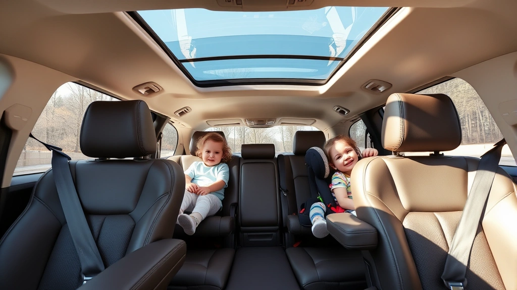 Spacious family SUV interior showing three-row seating configuration, comfortable leather appointments, panoramic sunroof visible overhead, children's car seats installed, bright cabin lighting