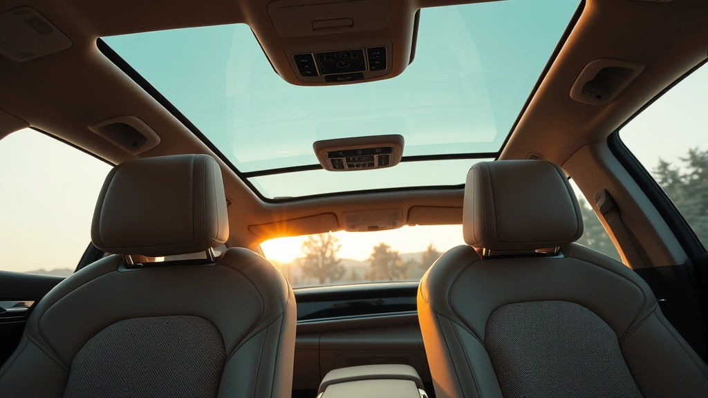 Luxury vehicle interior showcasing heated ventilated seats with massage function, panoramic sunroof with electrochromic glass, premium ambient lighting system creating calming atmosphere