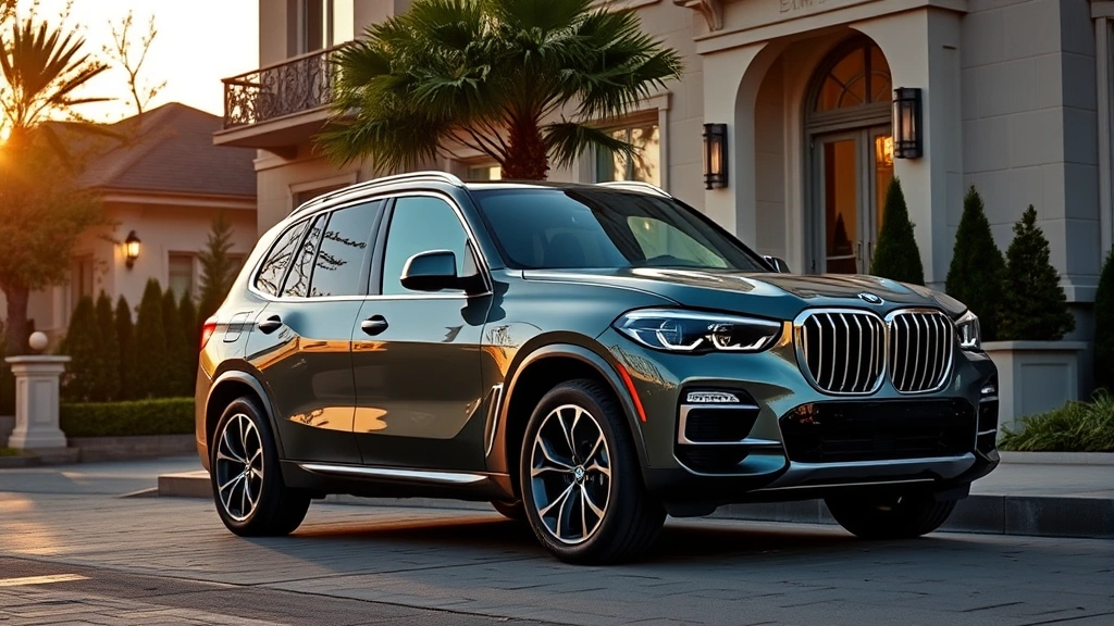 2024 BMW X5 xDrive50e premium plug-in hybrid SUV parked at upscale residence, elegant design, three-quarter front view, golden hour lighting, sophisticated urban setting